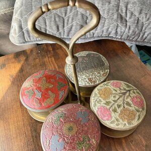 Vintage Indian Brass Lidded Box Set – Hand Enameled – Boho Global Decor